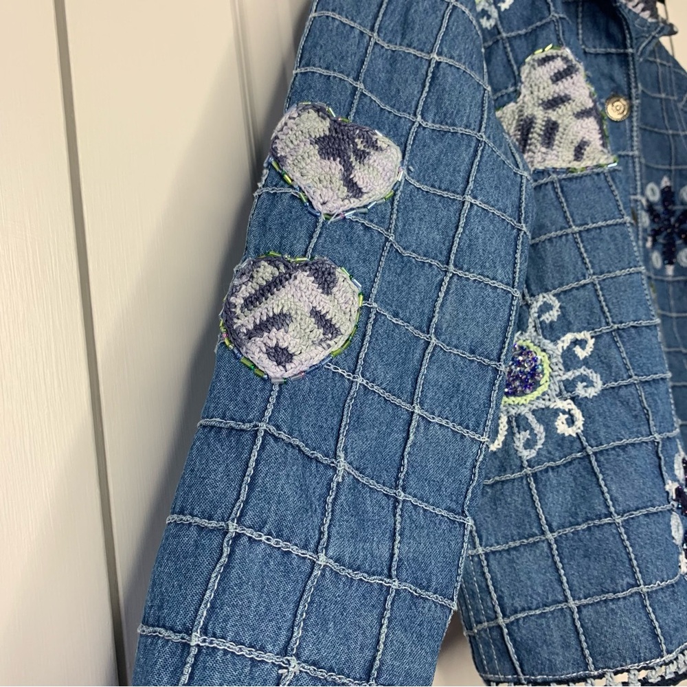 Blue Bayou Patchwork Embroidered Crochet Beaded Boho Denm jacket Women Size US S - Picture 7 of 16